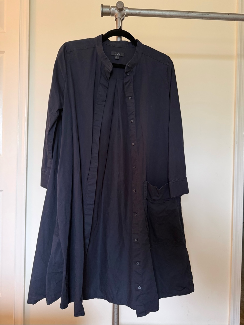 COS Navy Button-Front three-quarter Sleeve Midi Dress